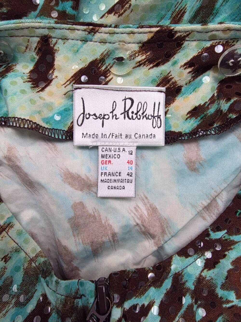 Joseph Ribkoff Aqua Leopard Print Paillette Zip Blazer Jacket | Size 12 - Picture 8 of 9